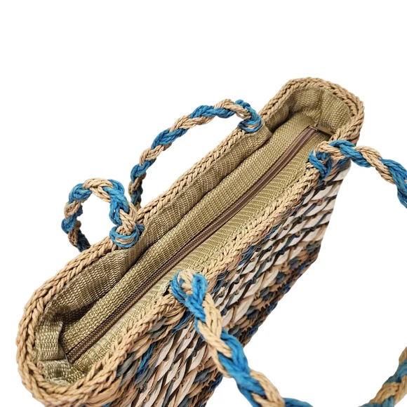 Vintage Woven Corn Husk Straw Tote Bag Purse Small Bohemian Beach Blue Braided - Picture 5 of 10